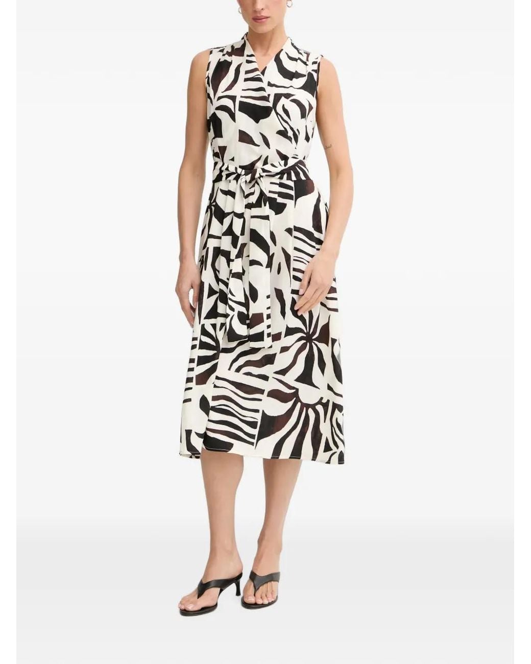 Joseph Ribkoff White Abstract-Print Belted Wrap Midi Dress