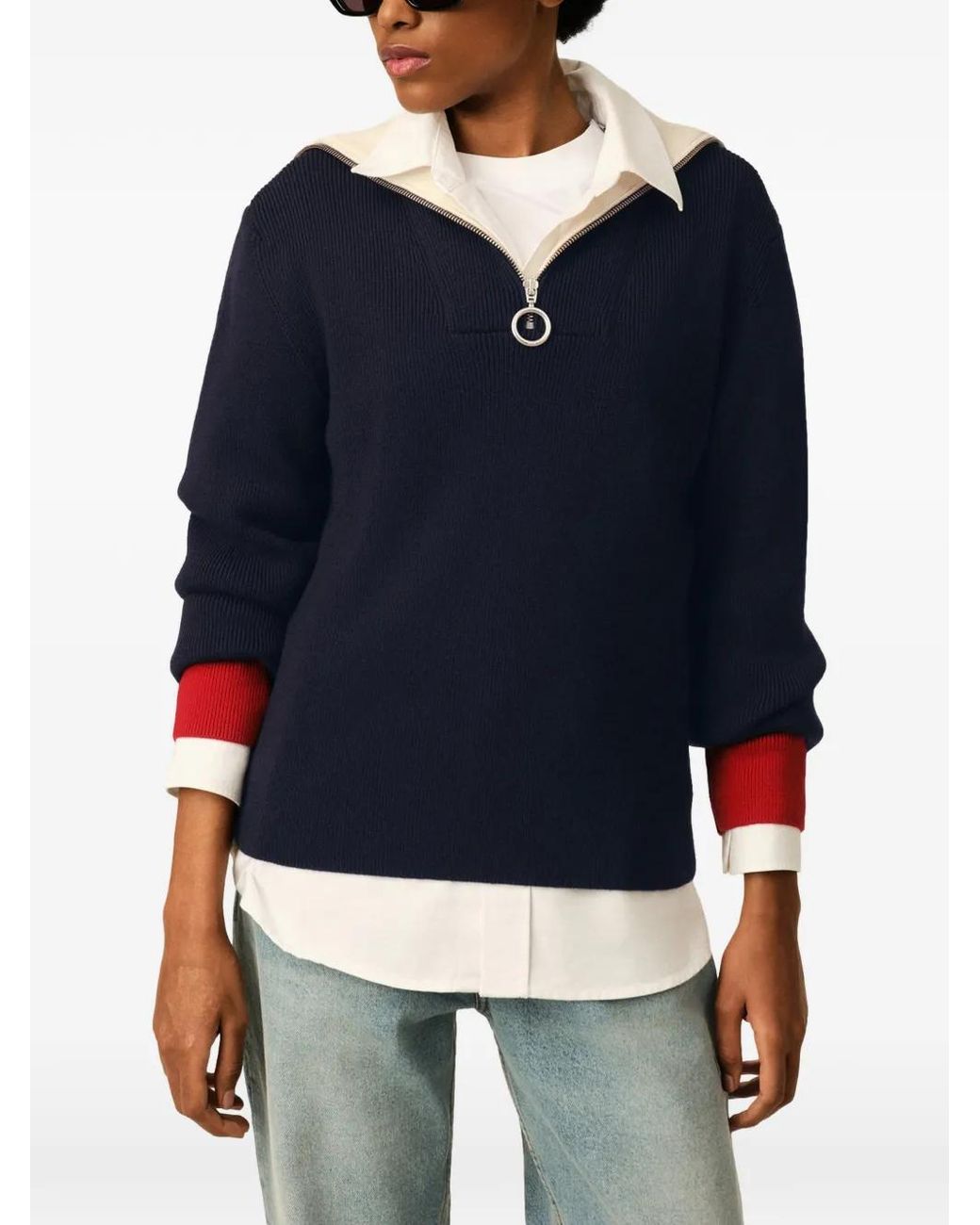AMI Blue Zipped Collar Wool Sweater