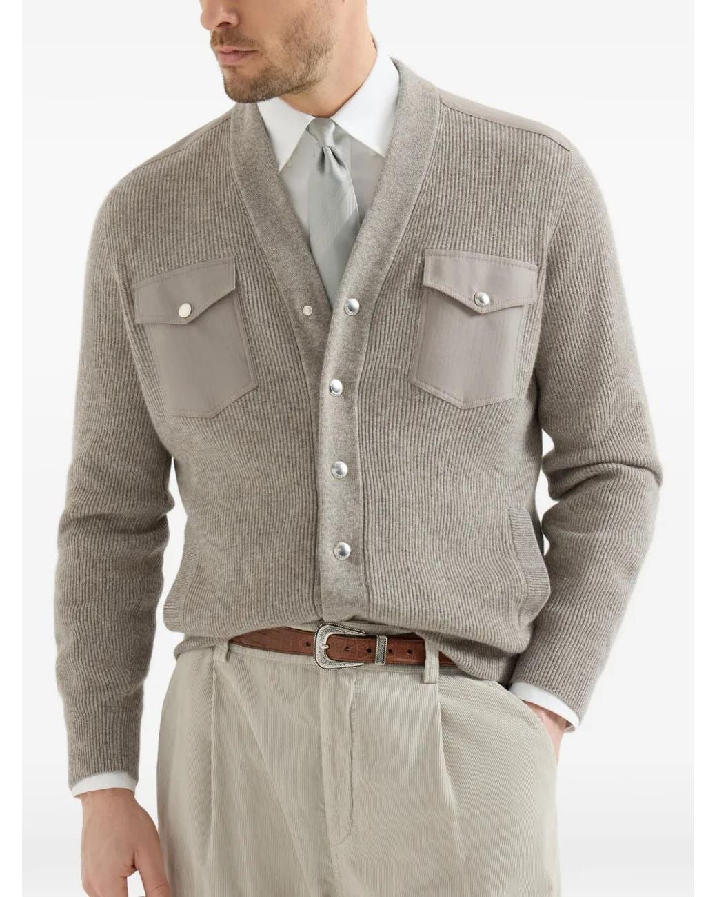 Brunello Cucinelli Gray Cashmere Cardigan With Chest Pockets And Snap Buttons for men
