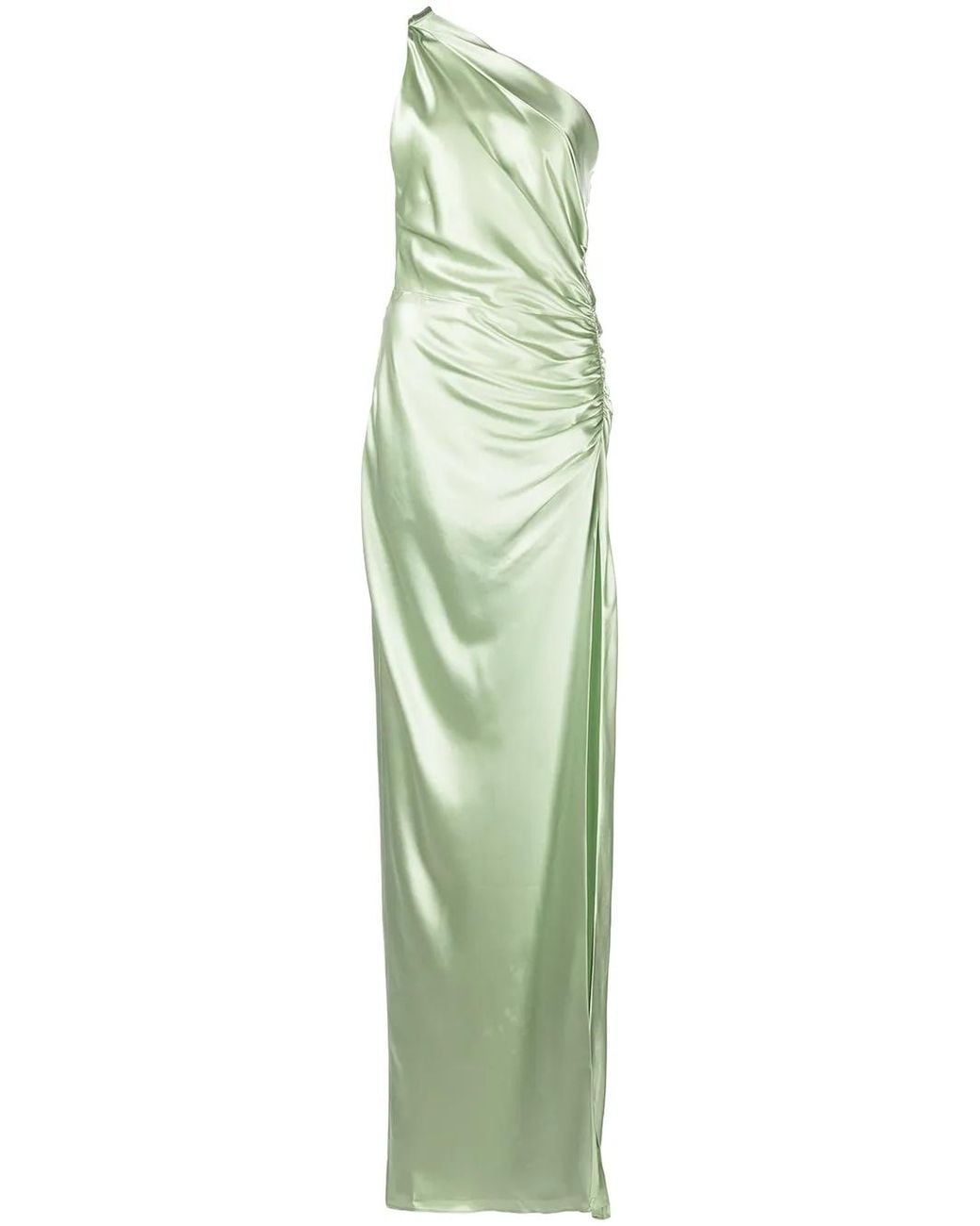 Michelle Mason Green Gathered-Detail One-Shoulder Silk Gown