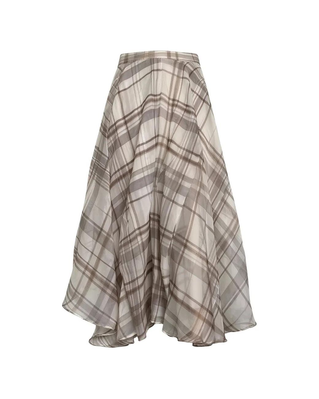 Brunello Cucinelli Natural Check-Pattern Flared Midi Skirt