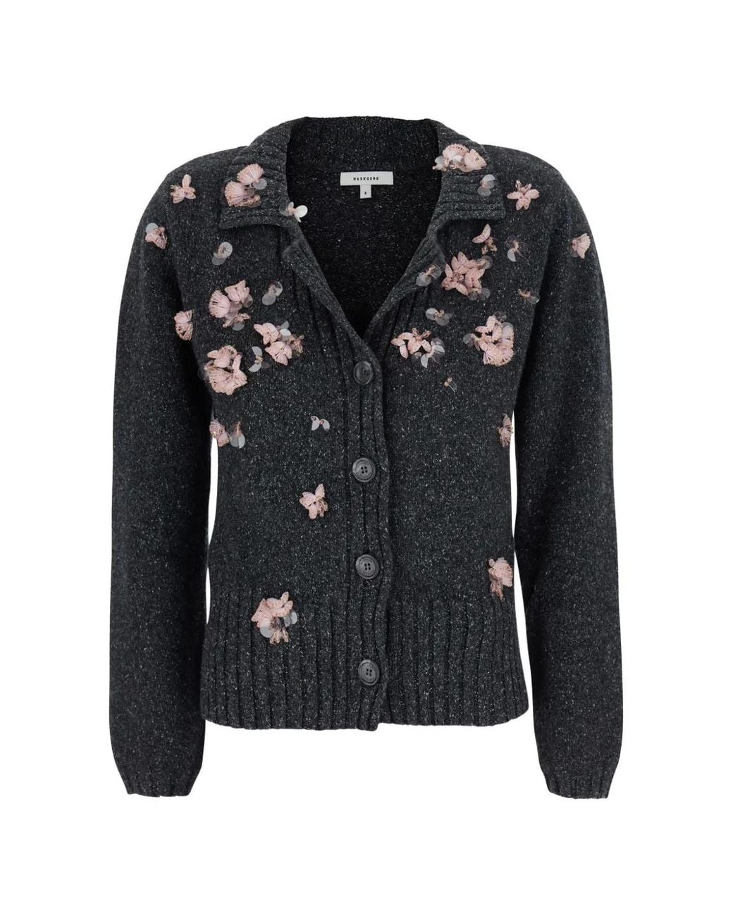 Markgong Black Sequin-Embellished Floral-Appliqué Cardigan