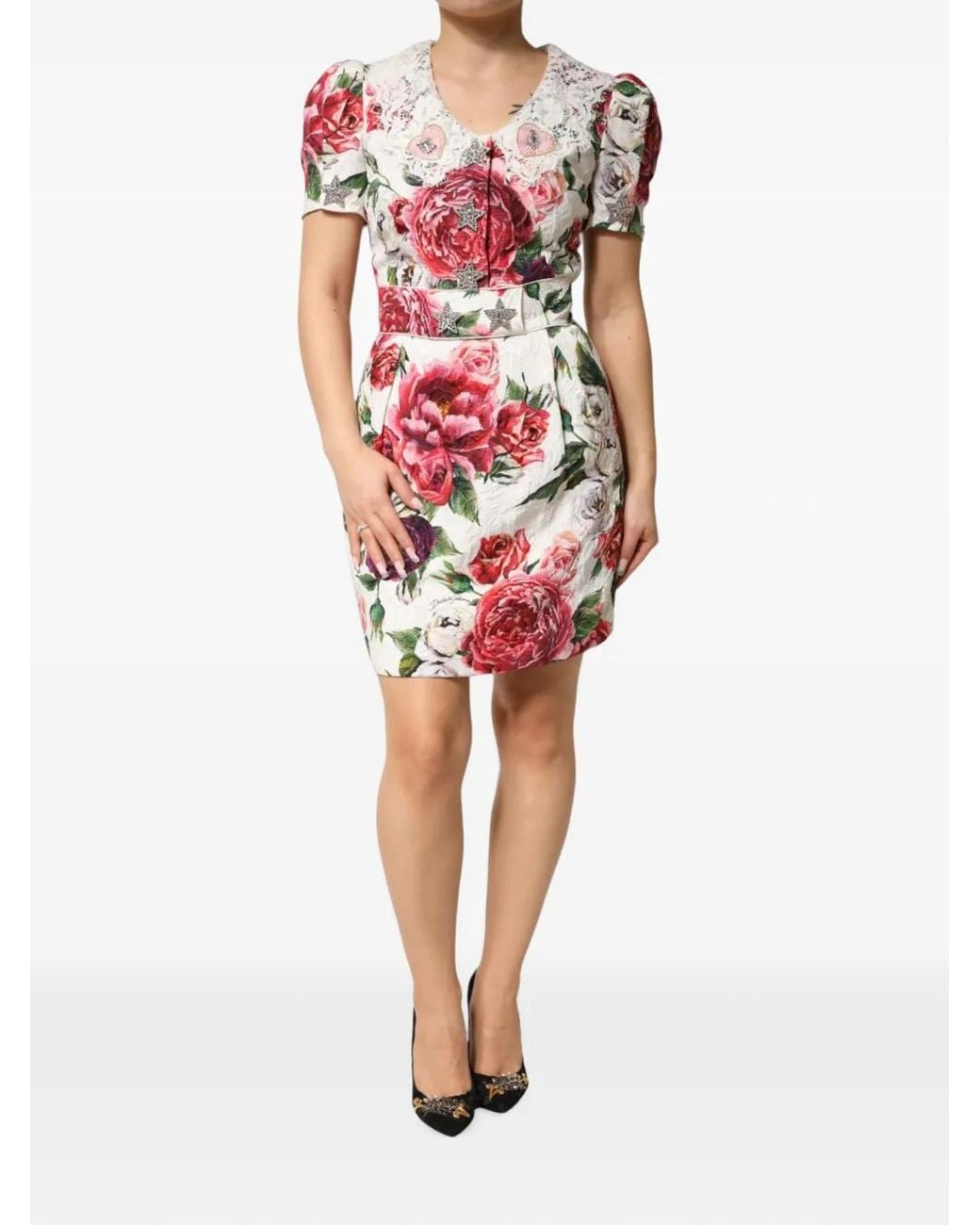 Dolce & Gabbana Red Floral-Print Lace-Collar Mini Dress