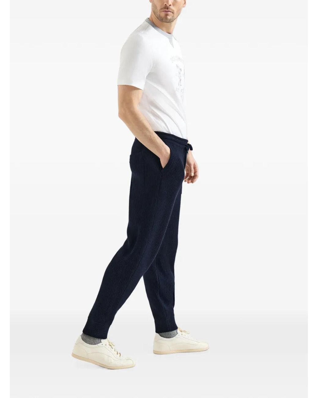 Brunello Cucinelli Blue Cashmere English Rib Knit Joggers for men