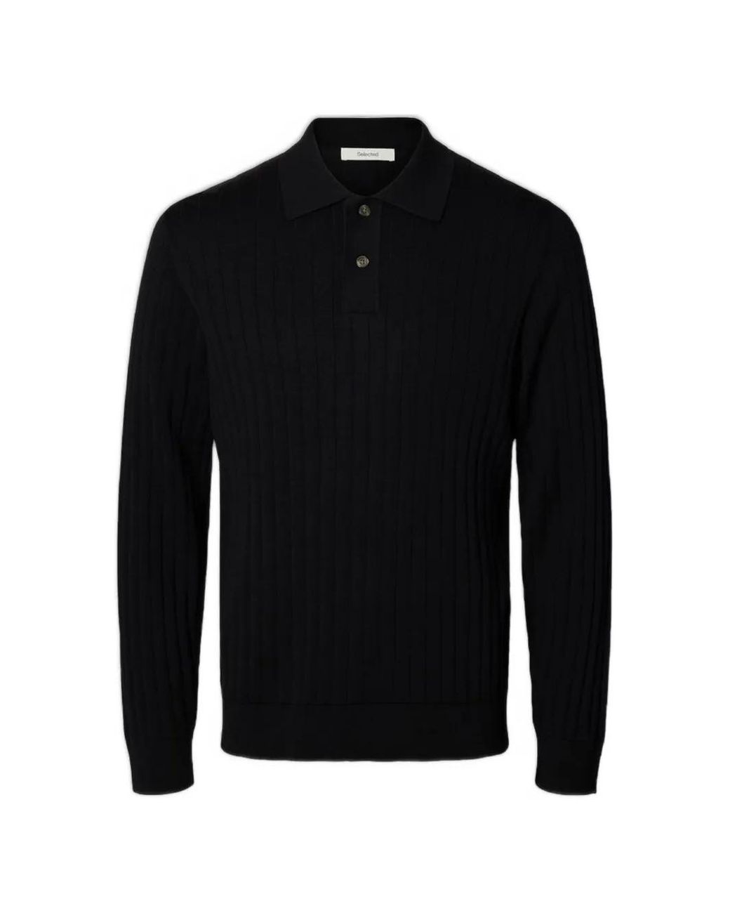 SELECTED Black Ribbed-Knit Polo Sweater for men