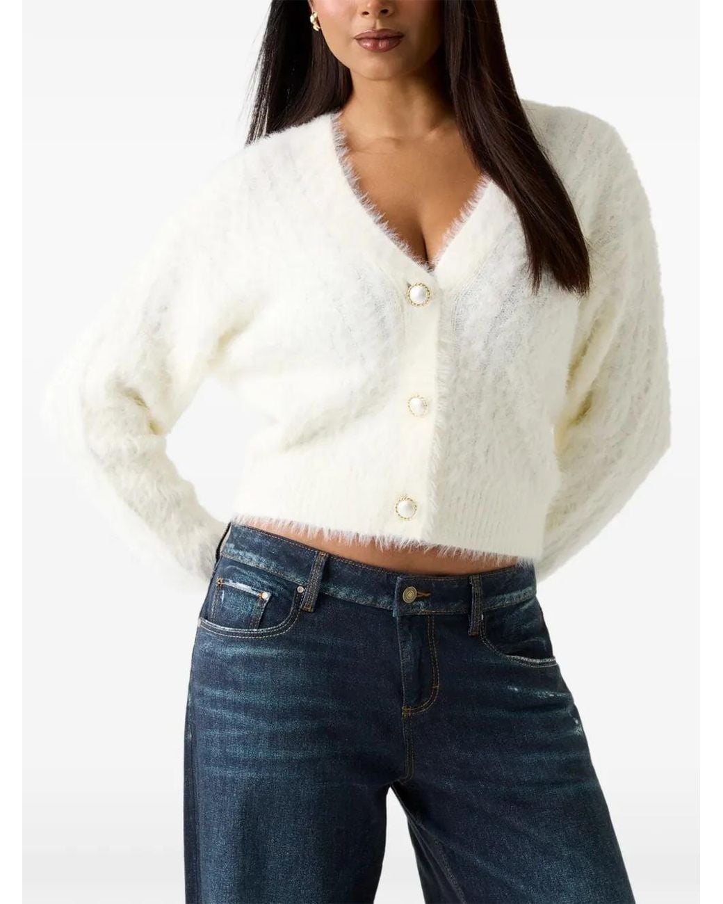 Guess White Kinako Fuzzy V-Neck Cardigan
