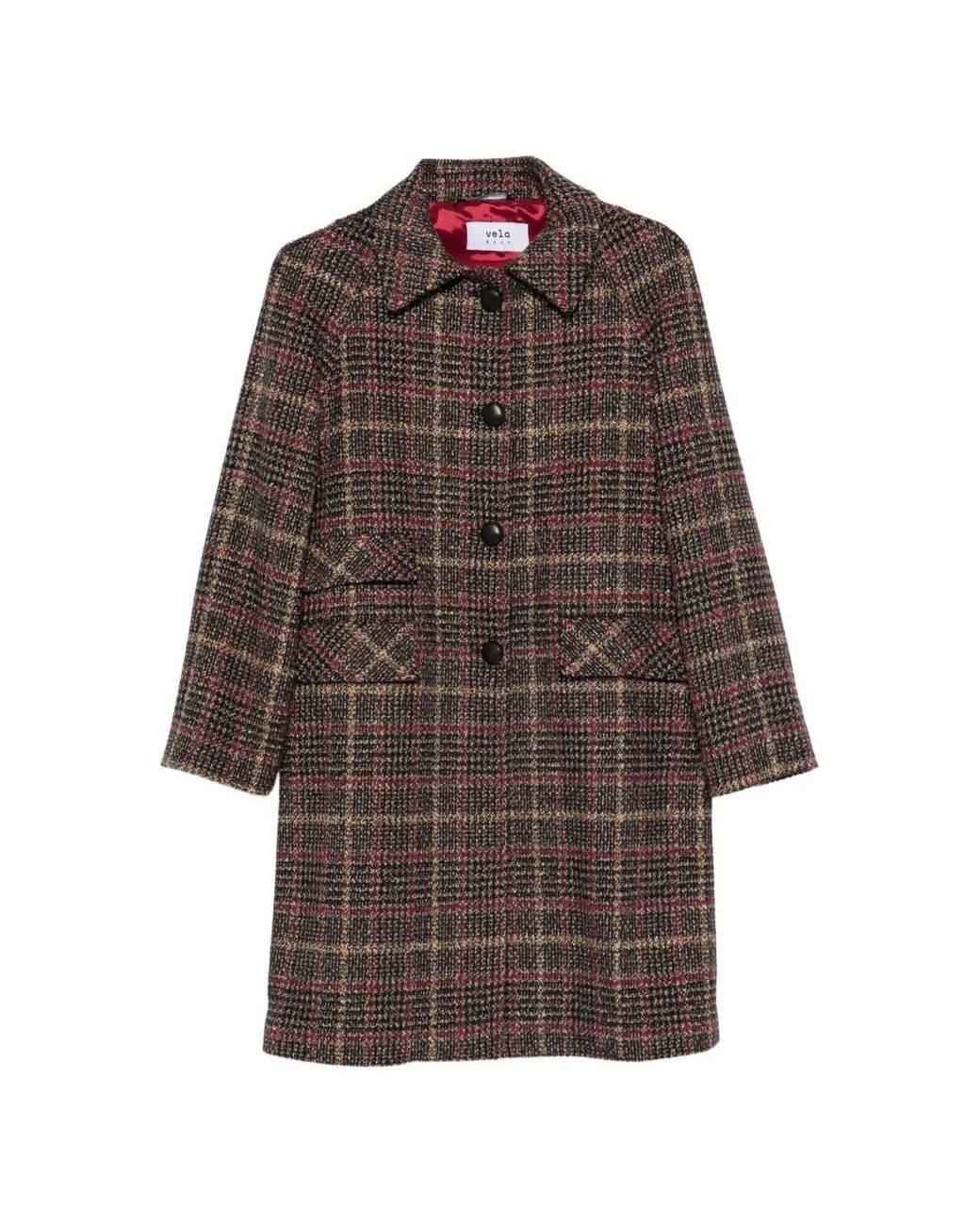 VELA SHOP Brown Check-Pattern Button-Up Coat