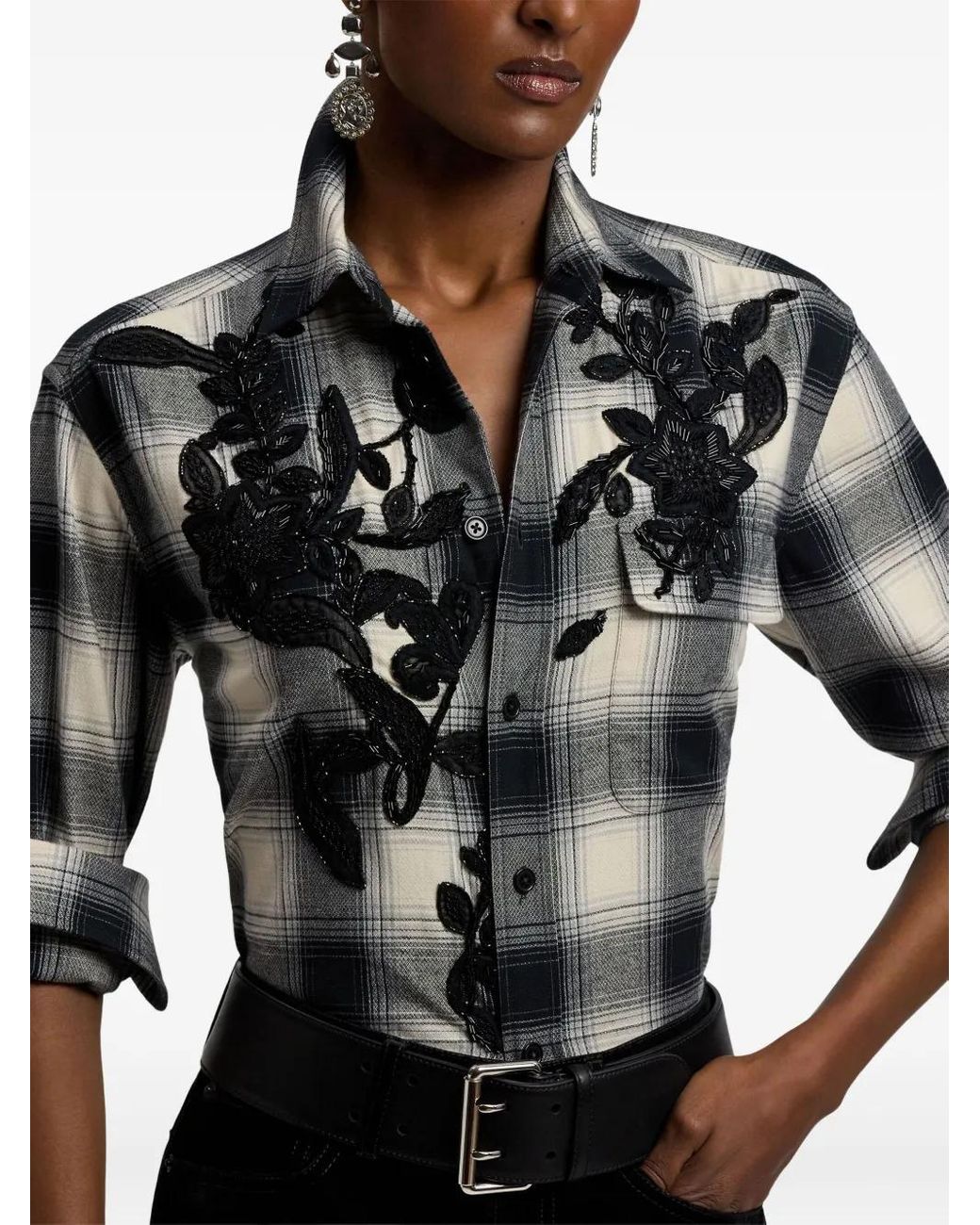 Ralph Lauren Black Checked Beaded-Embroidery Shirt
