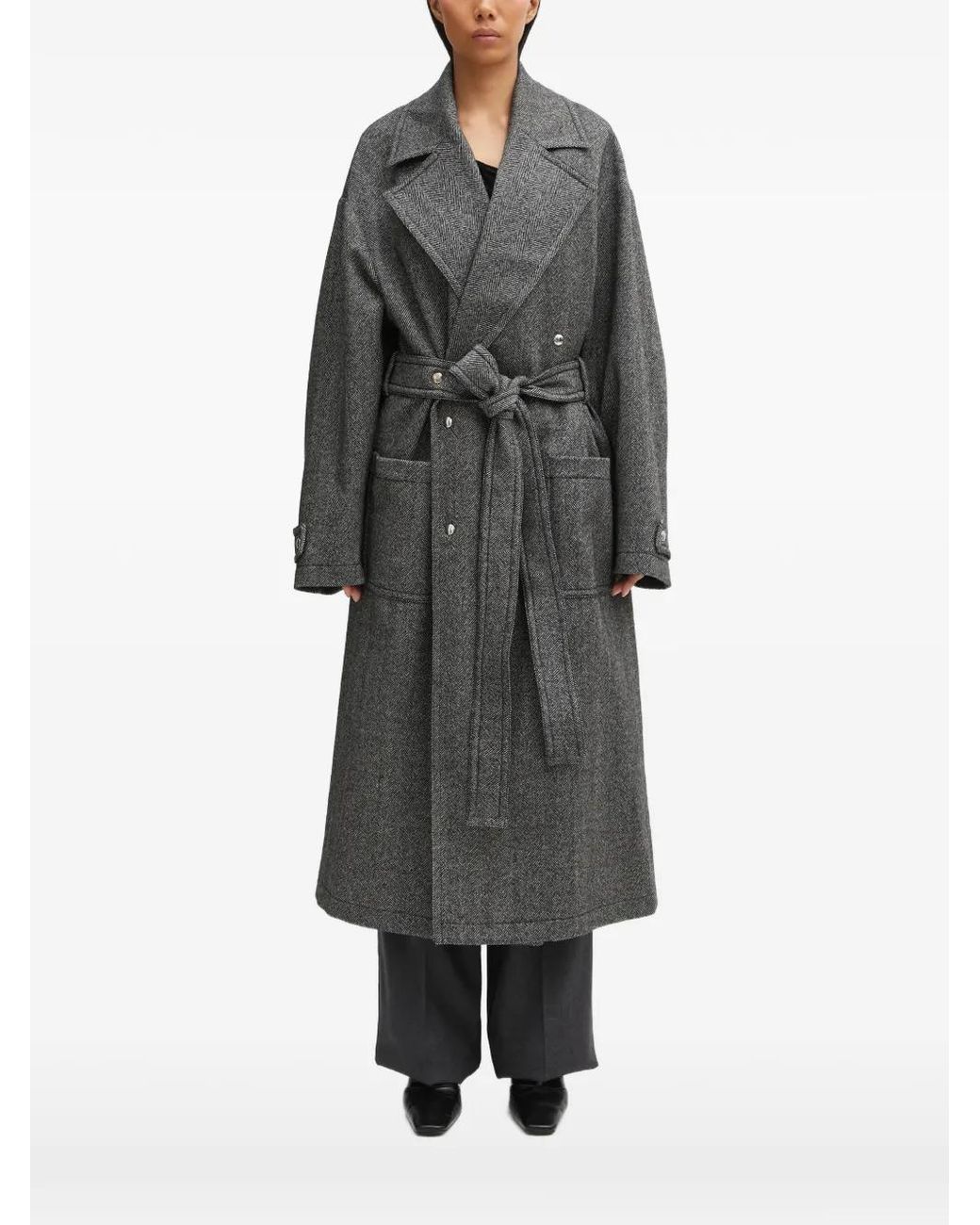Fiorucci Gray Belted Herringbone Coat