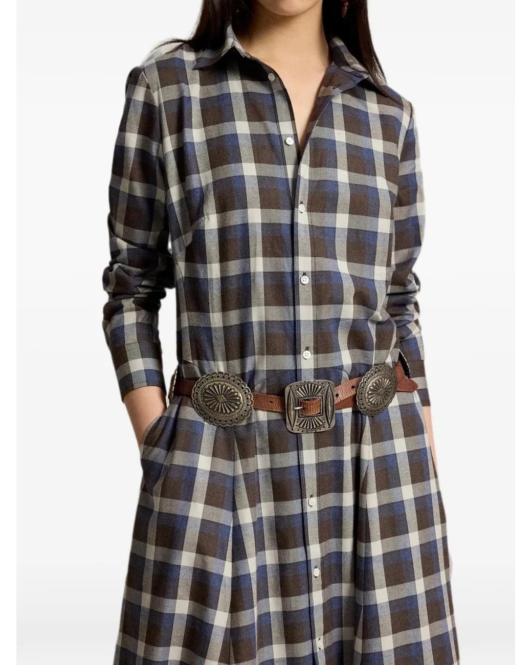 Polo Ralph Lauren Brown Check-Pattern Long-Sleeve Midi Dress