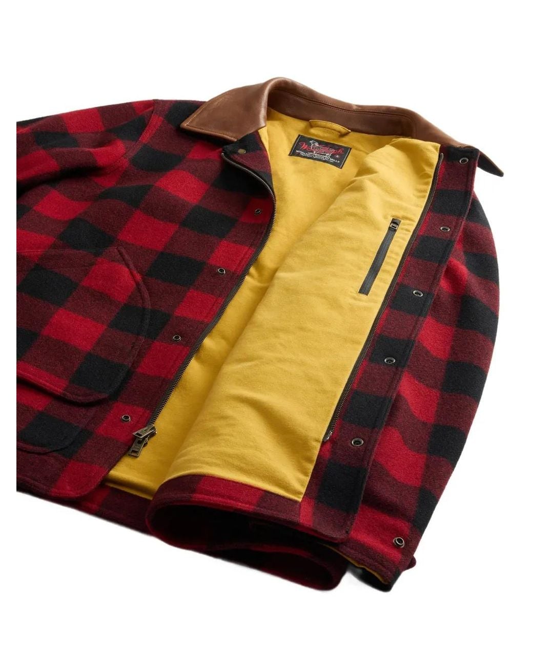 Woolrich Red Buffalo Check Leather-Collar Jacket