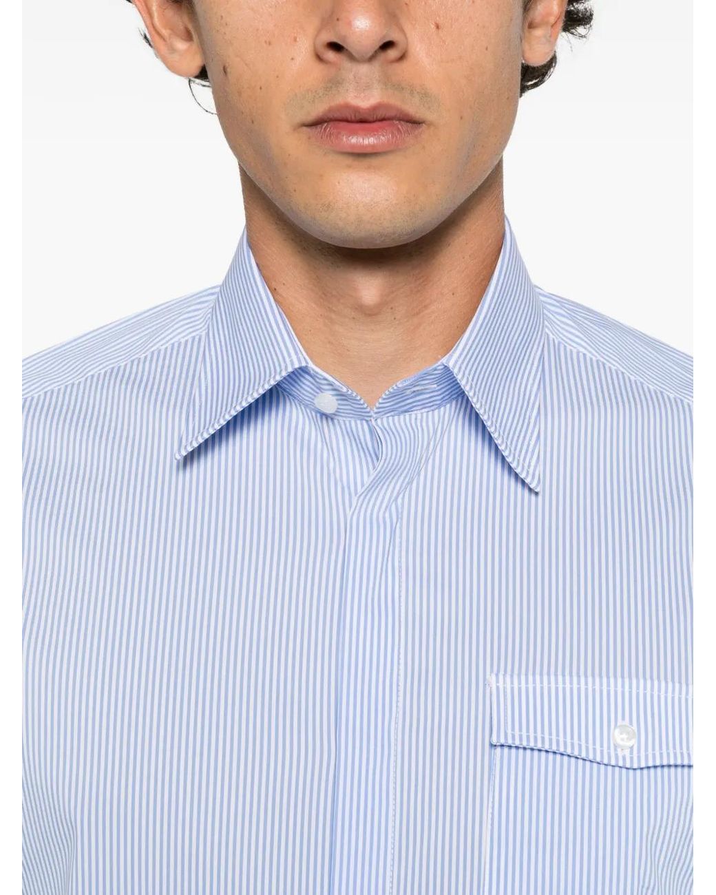 MARSĒM Blue Vertical-Stripe Flap-Pocket Shirt for men