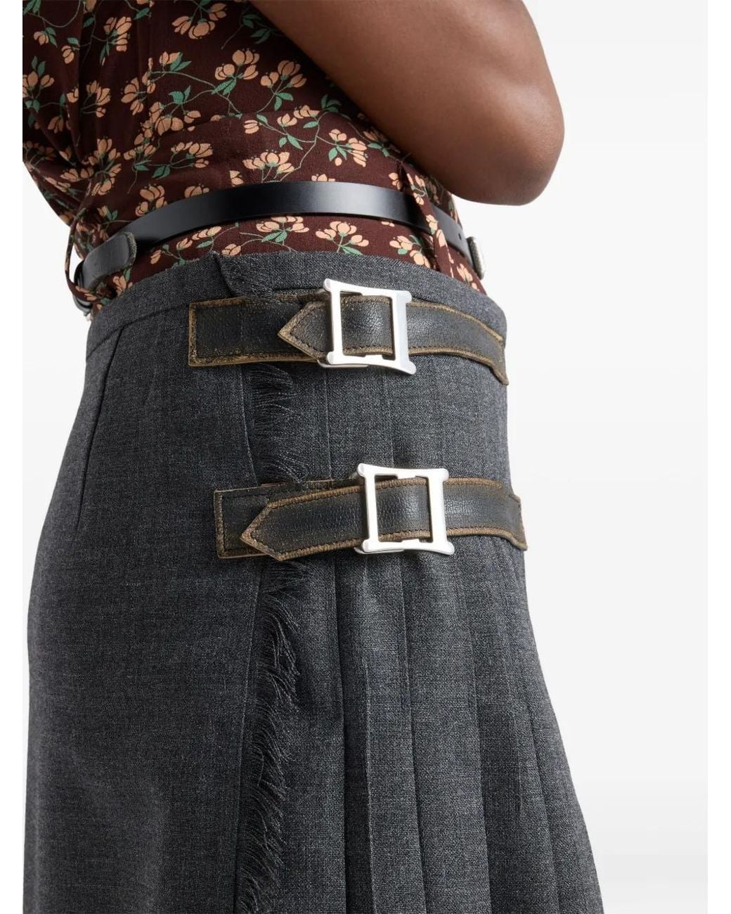 Prada Gray Wool Hopsack Pleated Midi Skirt