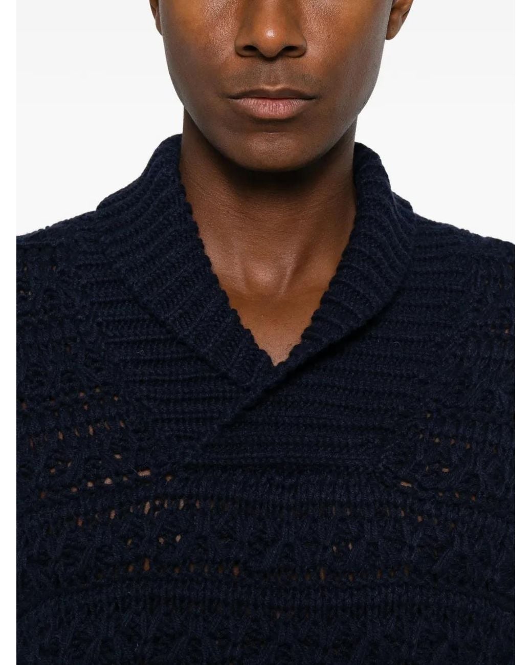 Canali Blue Shawl-Collar Open-Knit Sweater for men