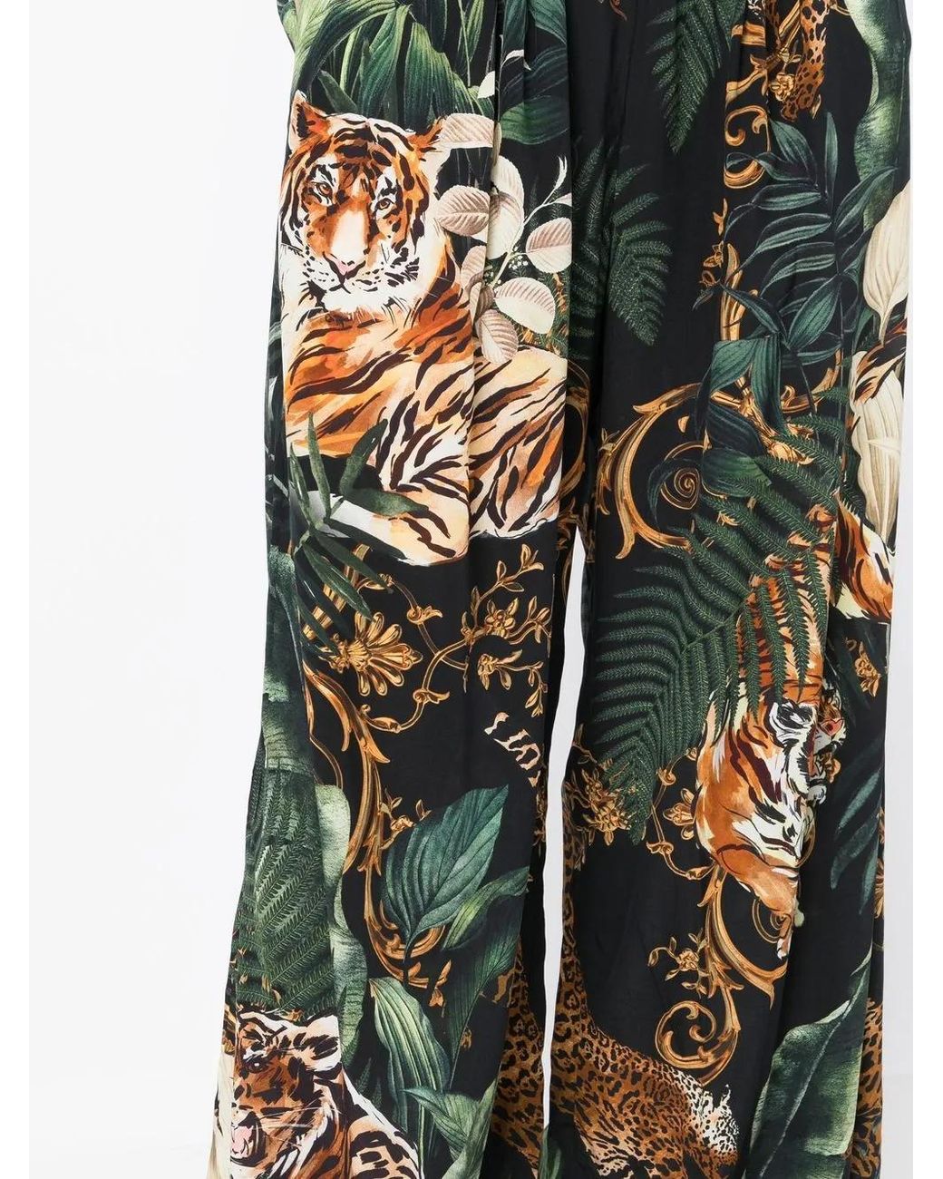 Camilla Green Mix-Print Wide-Leg Silk Trousers