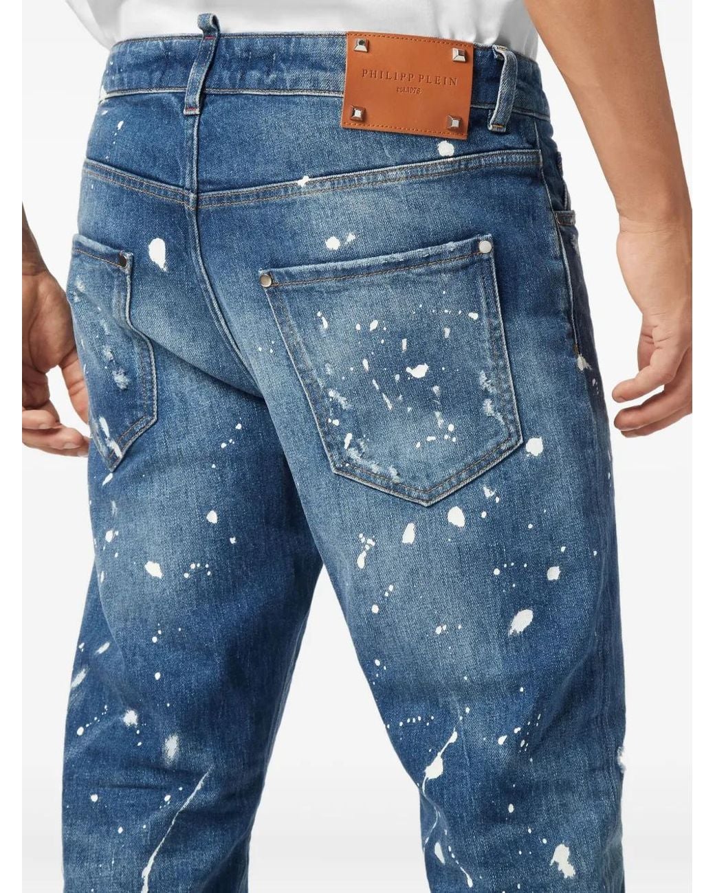 Philipp Plein Blue Detroit Fit Paint-Splatter Jeans for men