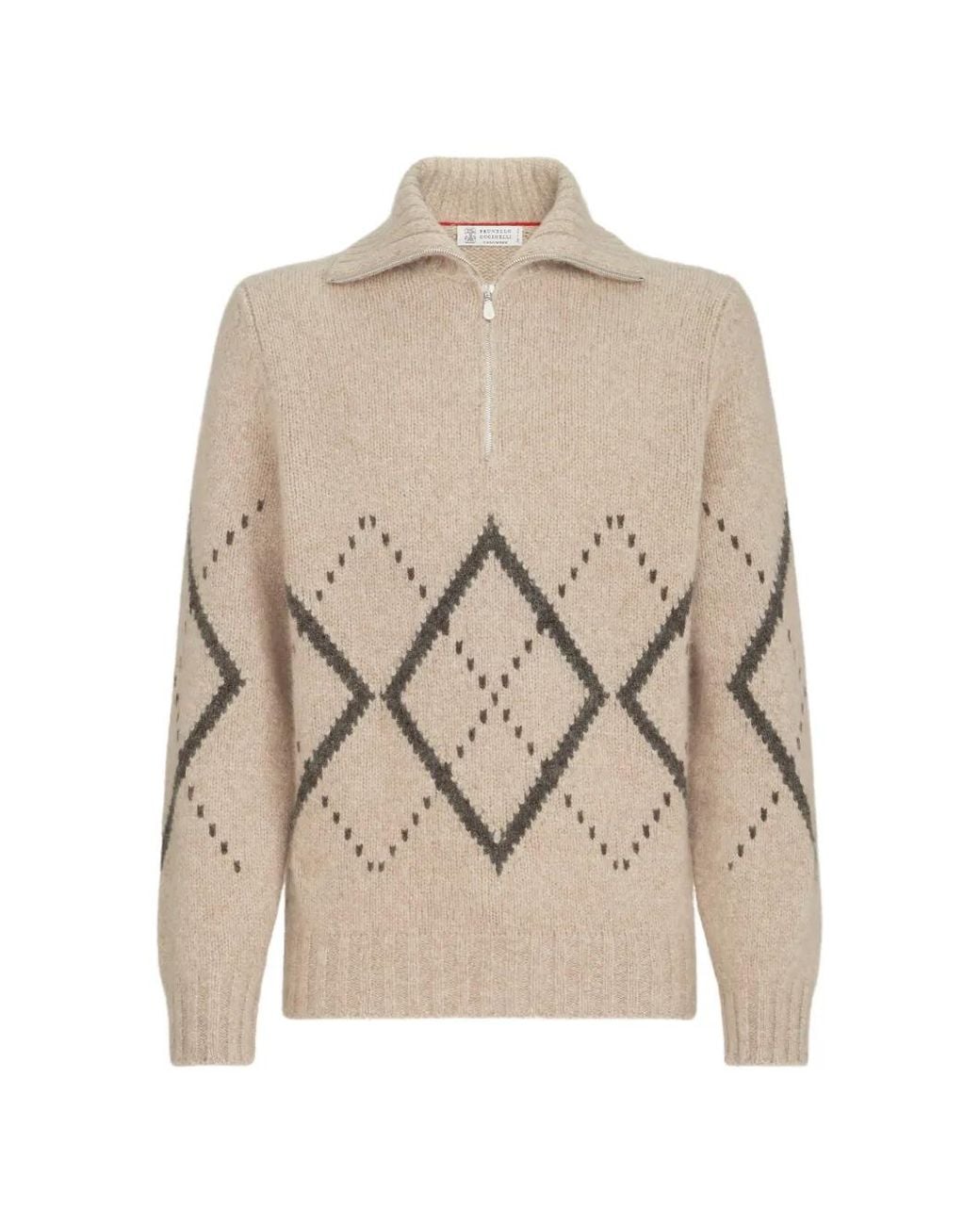 Brunello Cucinelli Natural Cashmere Sweater With Argyle Intarsia And Half Zip for men