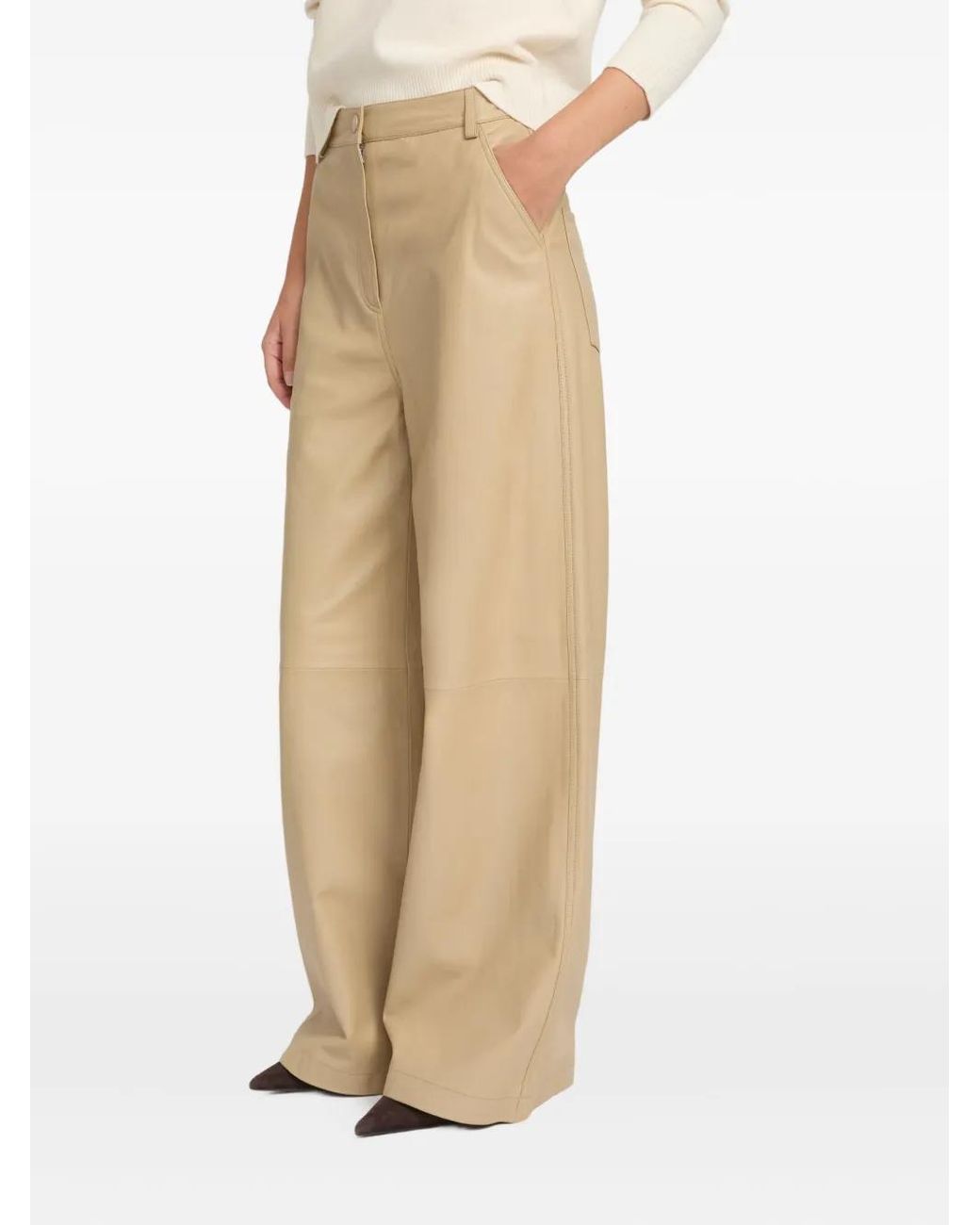 Yves Salomon Natural Straight Lamb-Leather Trousers