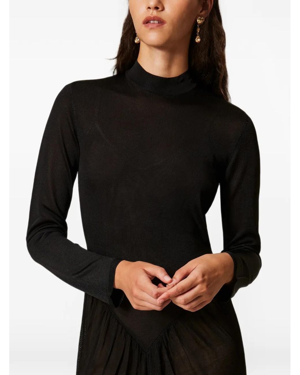 Twinset Black Long Knit Dress With Gathering