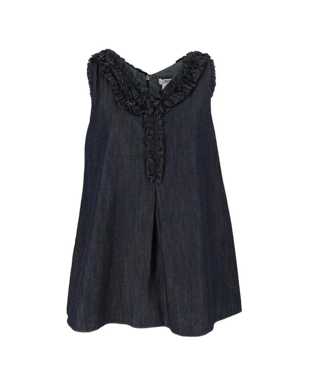 Max Mara Blue Ruffled Bead-Embellished Top