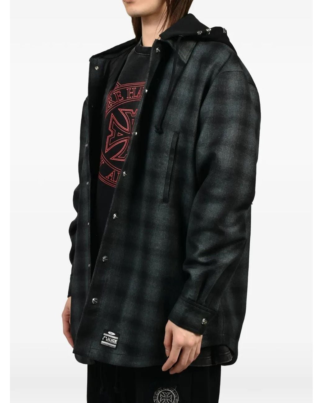 ALICE HOLLYWOOD Black Oversize Hooded Flannel Shirt Jacket for men