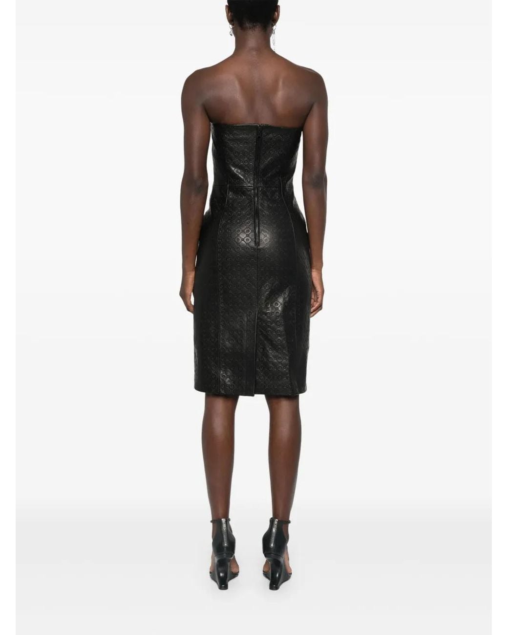 MARINE SERRE Black Monogram-Embossed Leather Mini Dress