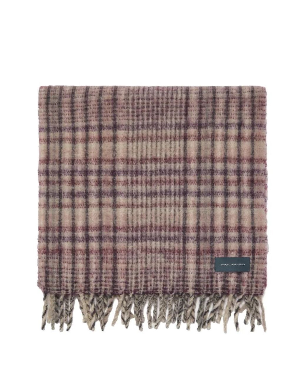 Piquadro Brown Check-Pattern Fringed Scarf