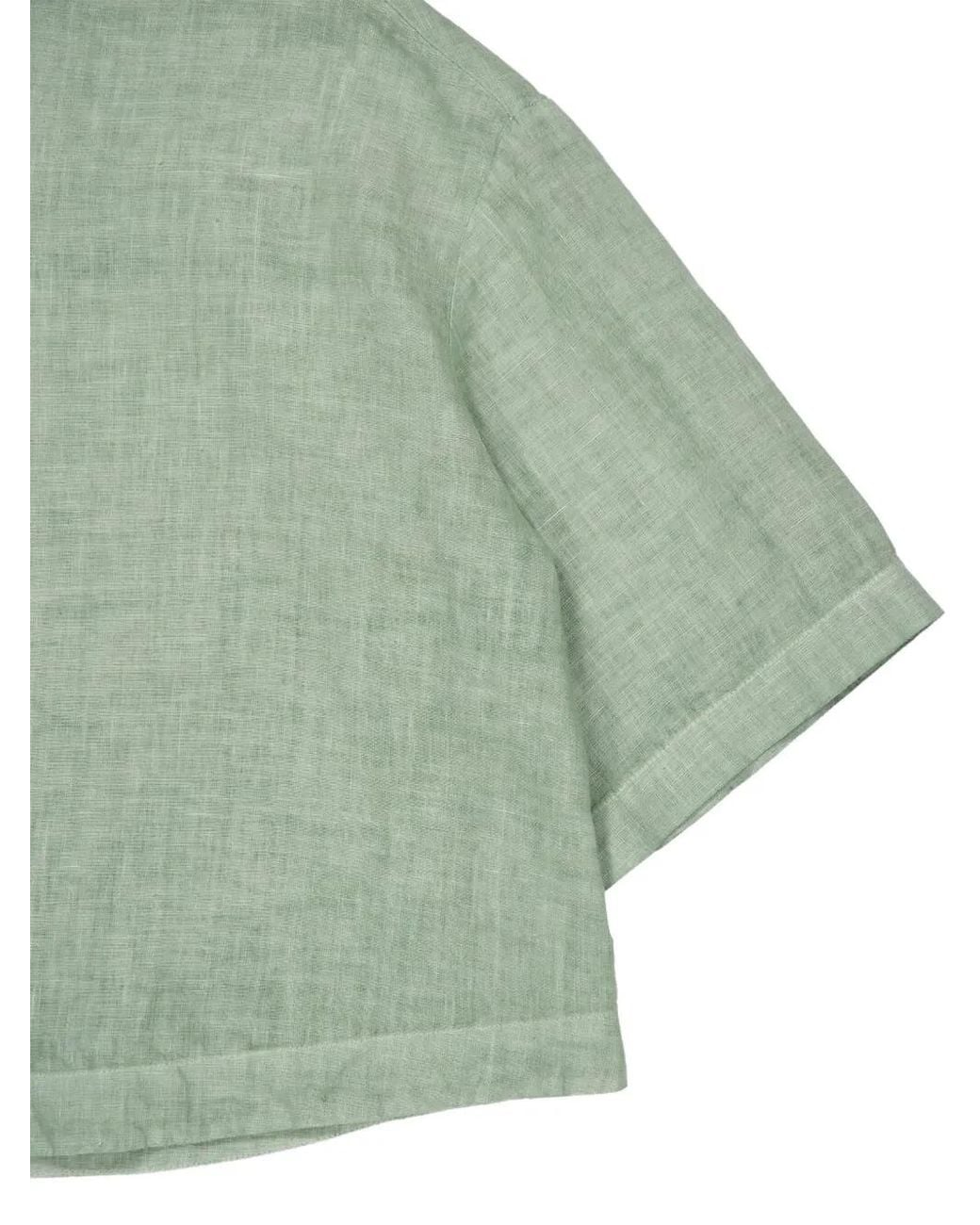 120% Lino Green Short-Sleeve Button-Up Linen Shirt