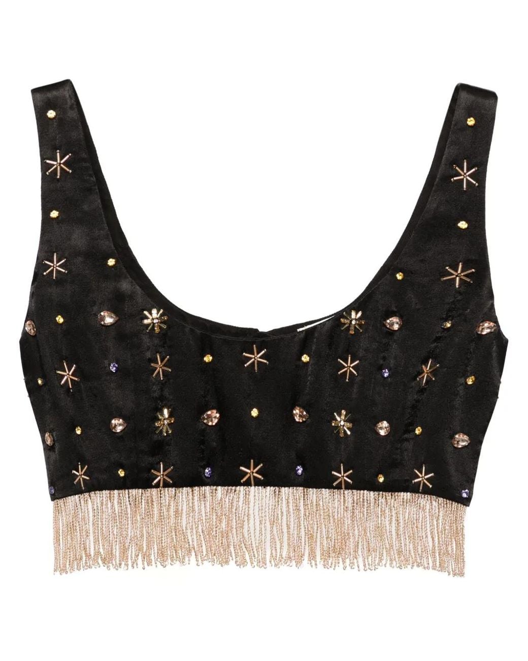 Forte_forte Black Fringed Bead-Embellished Crop Top