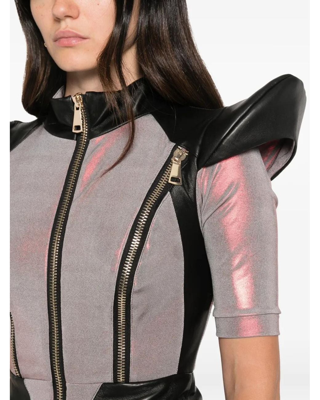 MITILIANE COUTURE Gray Holographic-Effect Zip-Detail Mini Dress
