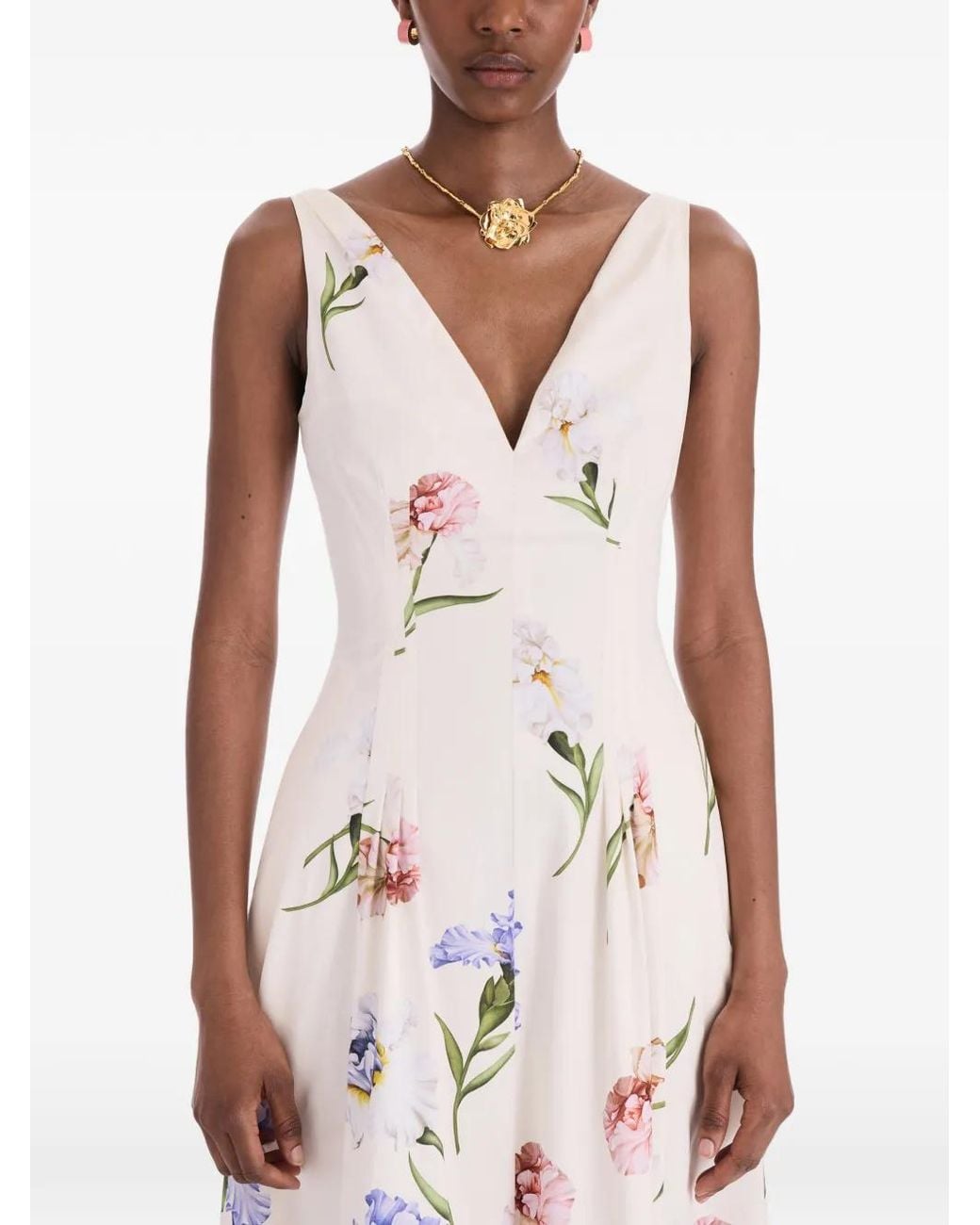 Oscar de la Renta White Sleeveless V Neck Large Iris Degrade Poplin Dress