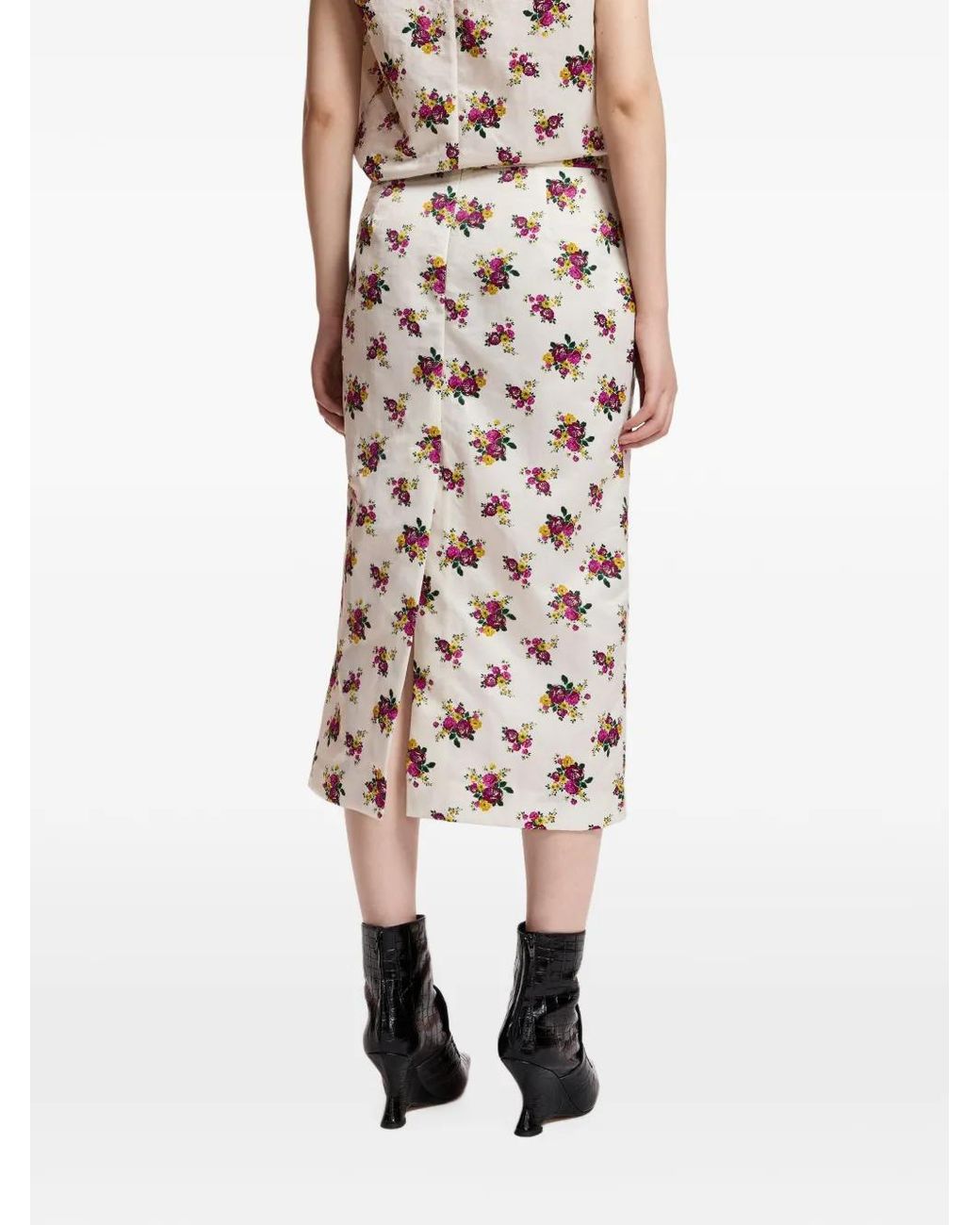 Essentiel Antwerp White Kustard Floral-Print Back-Slit Midi Skirt