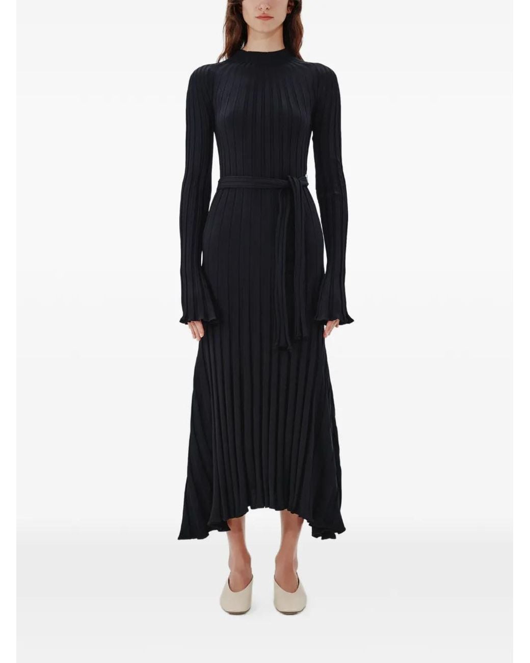 Another Tomorrow Blue Long Ribbed-Knit Flared Dress