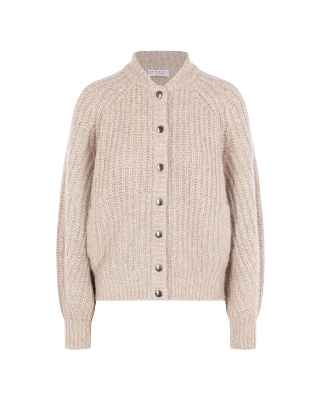 Brunello Cucinelli Natural Sequin-Embellished Ribbed Cardigan