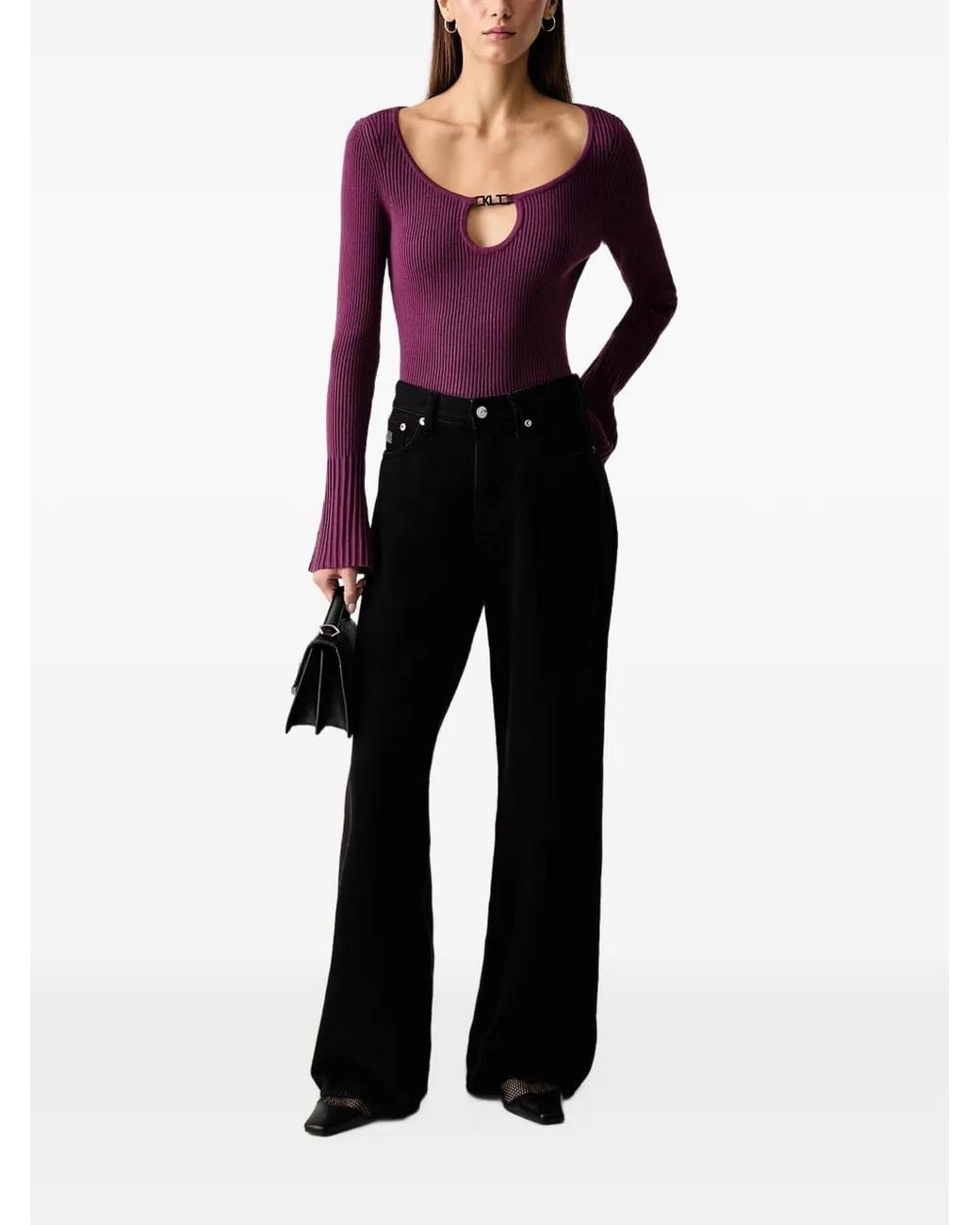 Knit Ribbed Purple Top KARL LAGERFELD Cut-Out Ribbed Long-Sleeve Top in Purple | Lyst