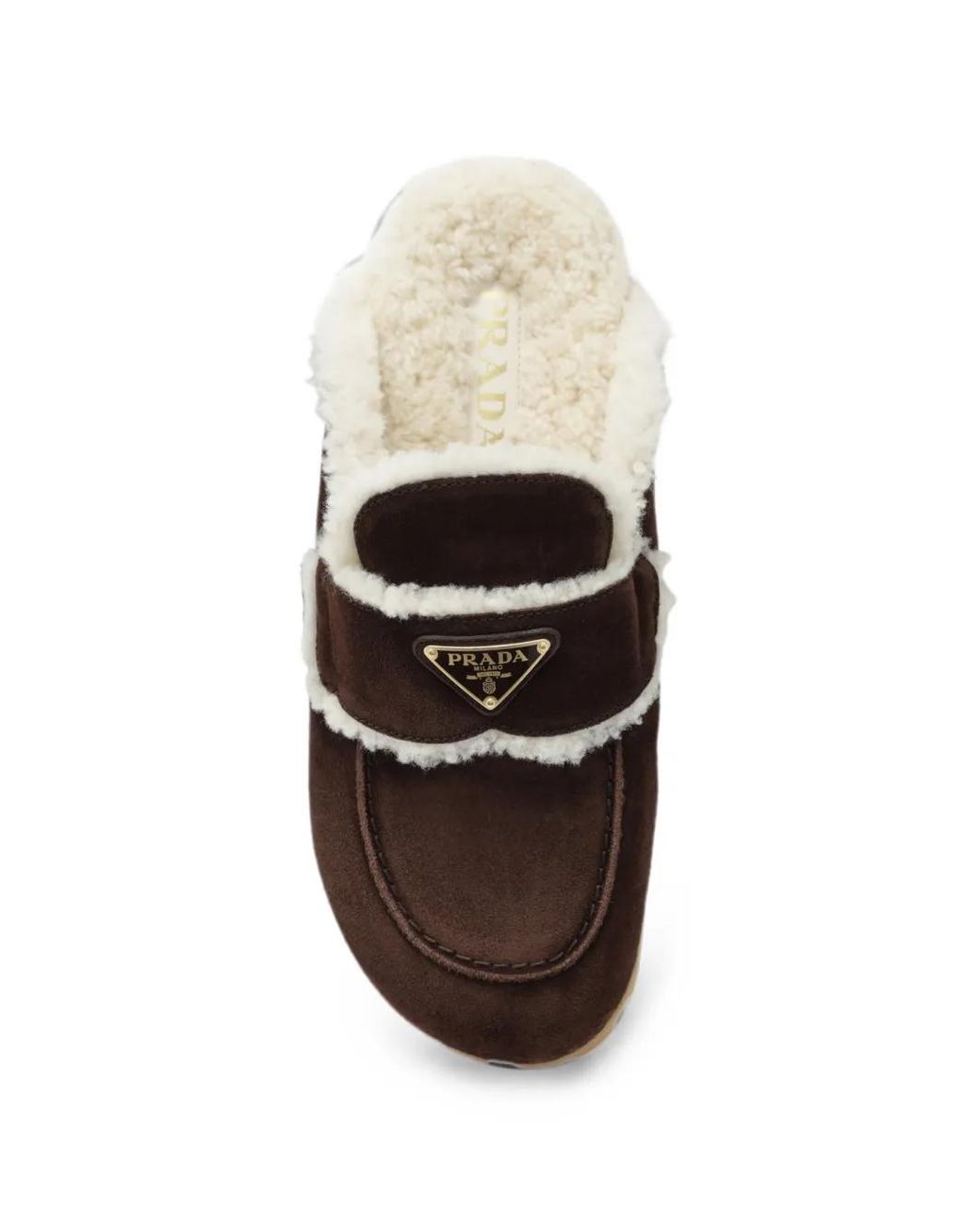 Prada Brown Shearling-Trim Logo-Plaque Mules