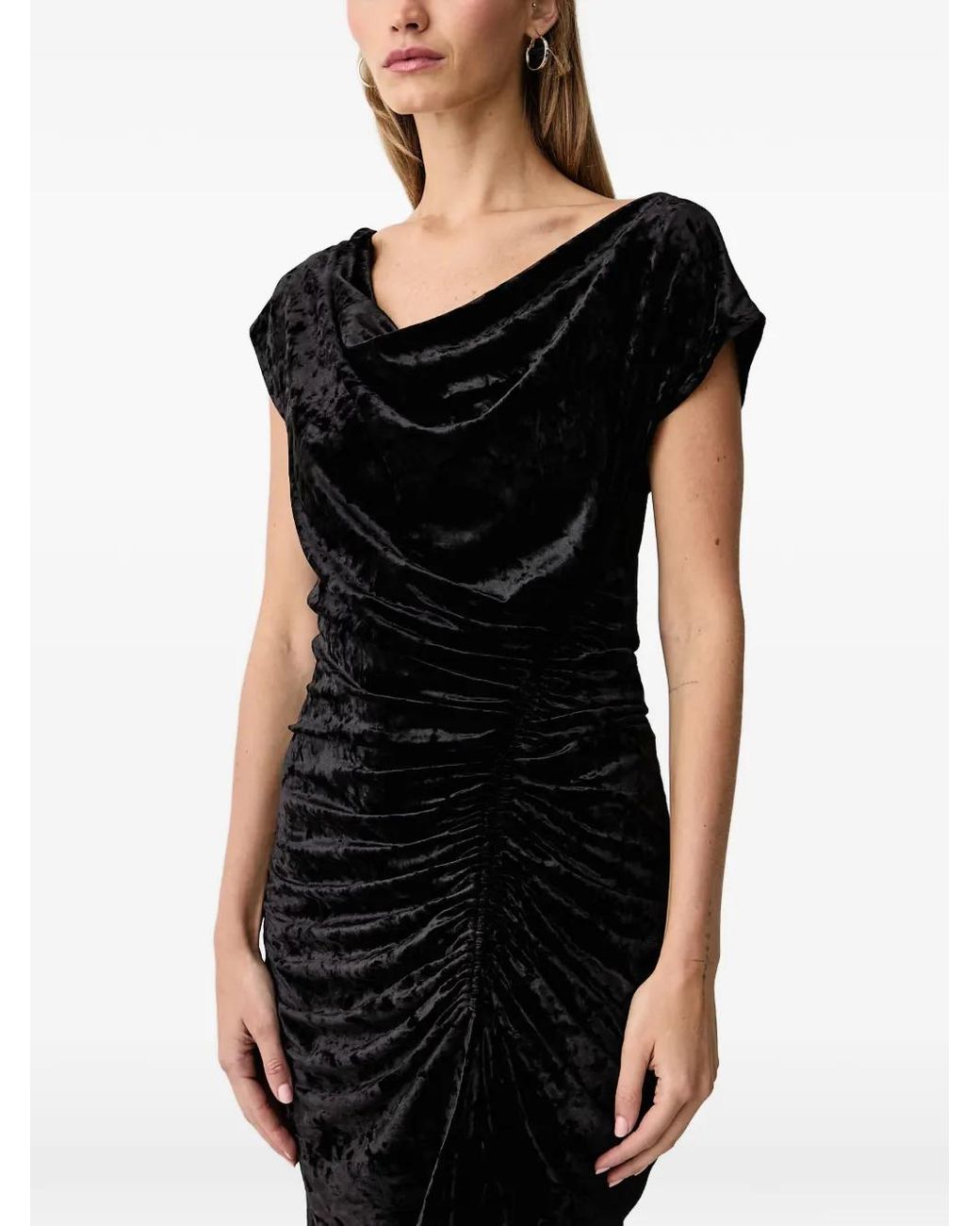 DKNY Black Ruched Crushed-Velvet Midi Dress