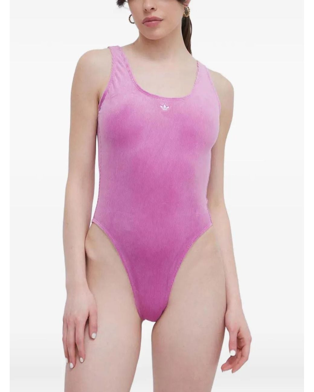 Adidas Purple Ribbed Logo-Patch Swimsuit