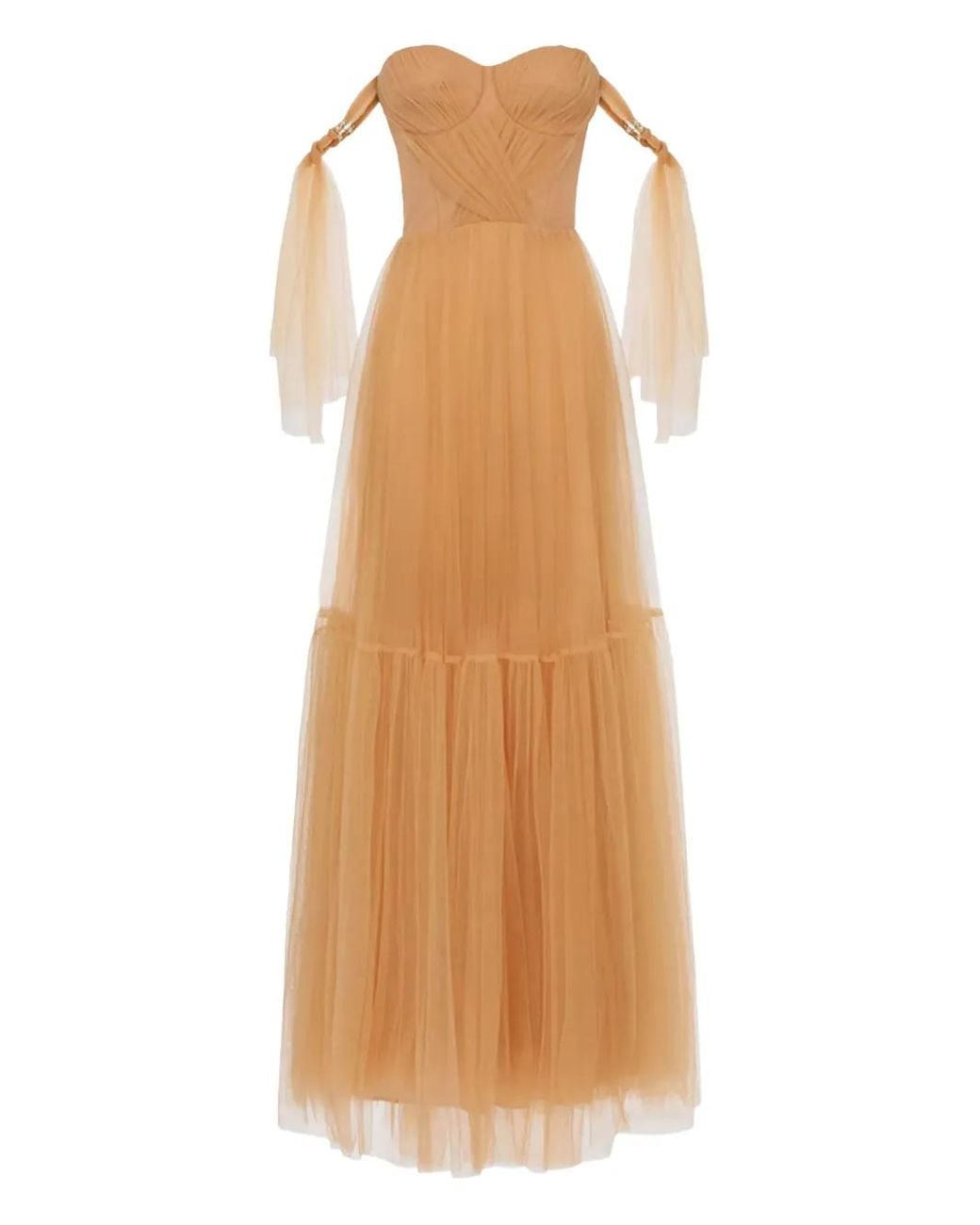 Elisabetta Franchi Natural Pleated Tulle Maxi Dress