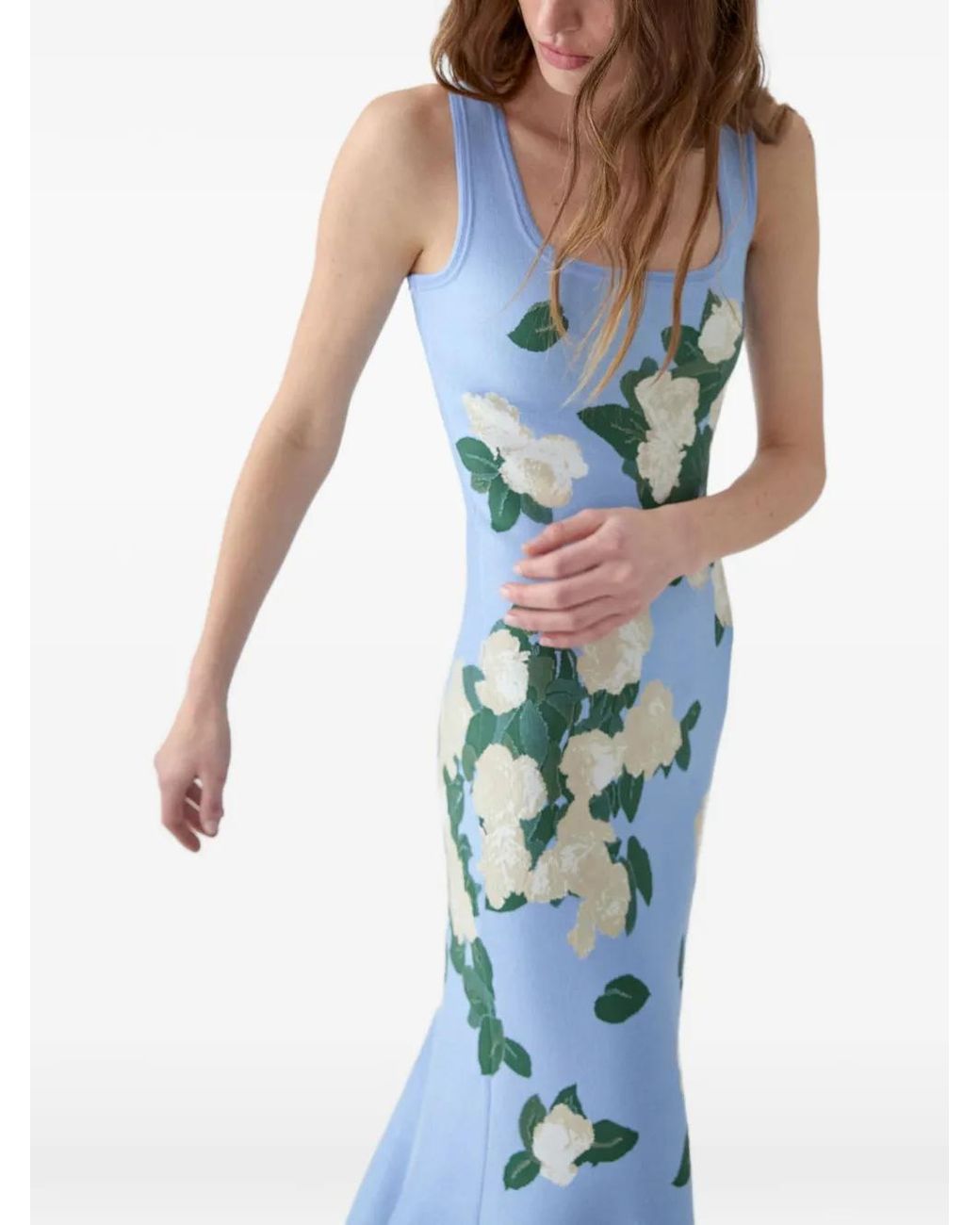 Carolina Herrera Blue Floral Jacquard-Knit Midi Dress