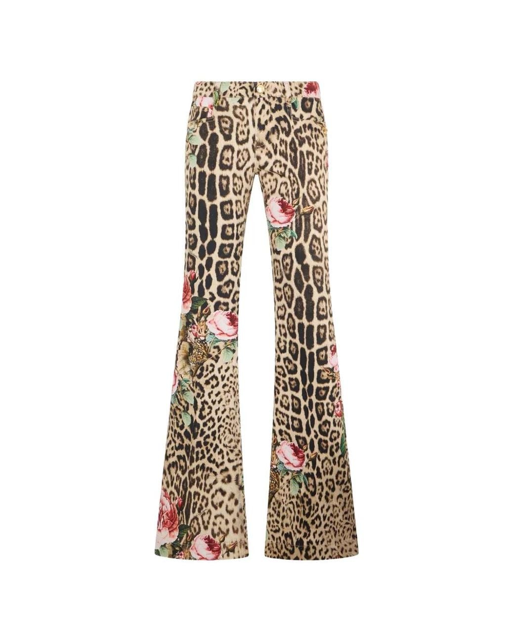 Roberto Cavalli Natural Jaguar-Print Floral-Print Trousers