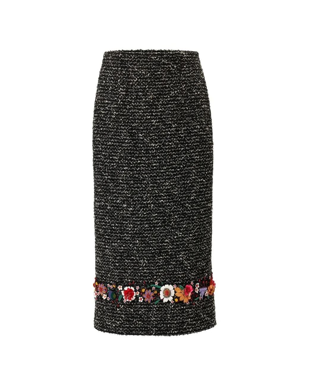Carolina Herrera Black Floral-Embroidered Tweed Midi Skirt