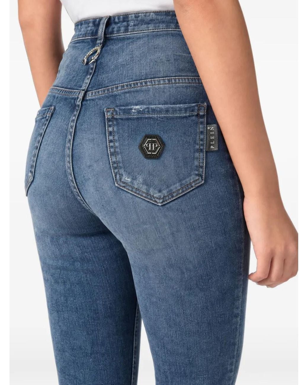 Philipp Plein Blue High-Waisted Logo-Patch Jeans