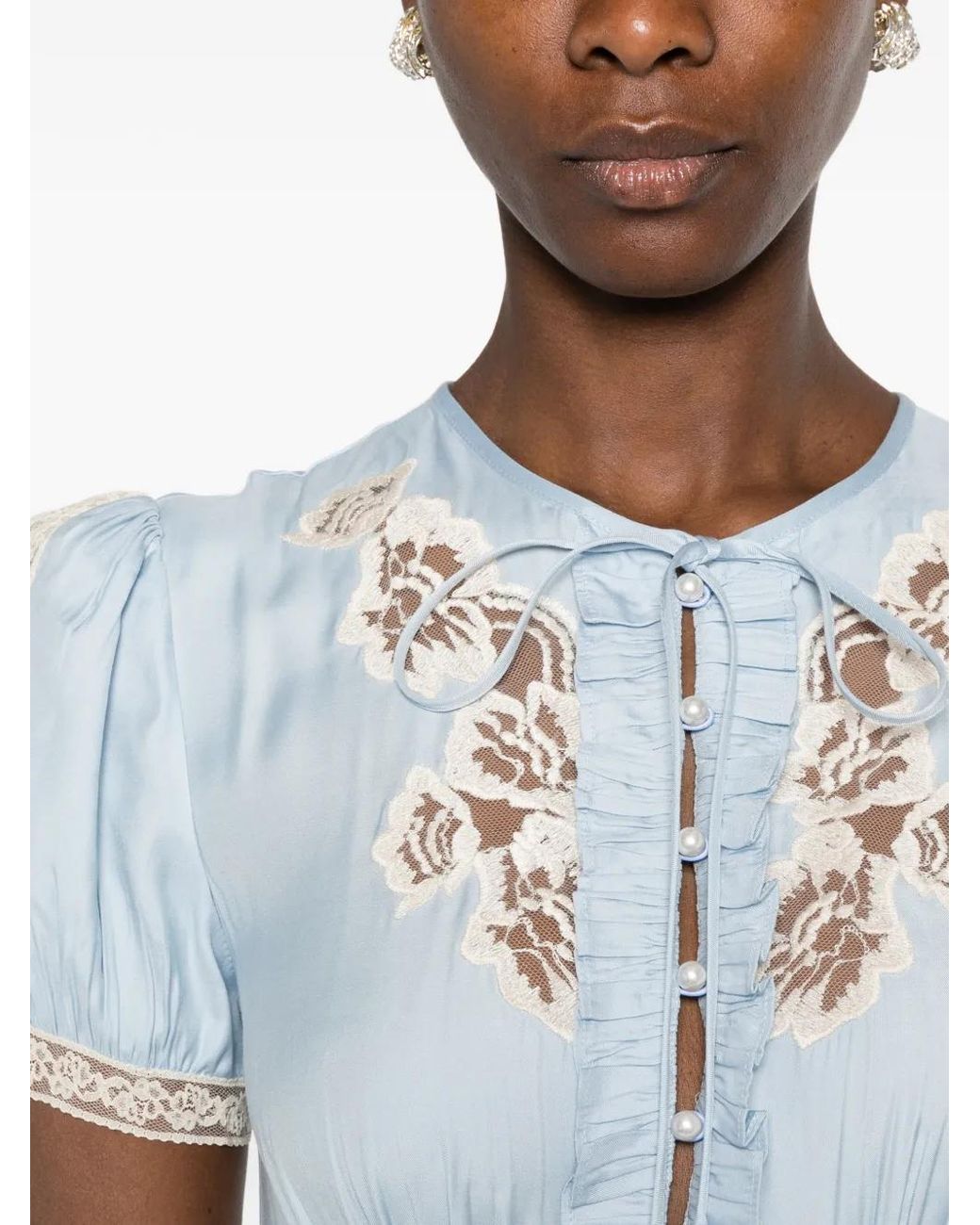 Self-Portrait Blue Lace Trim Ruffle Button-Front Maxi Dress