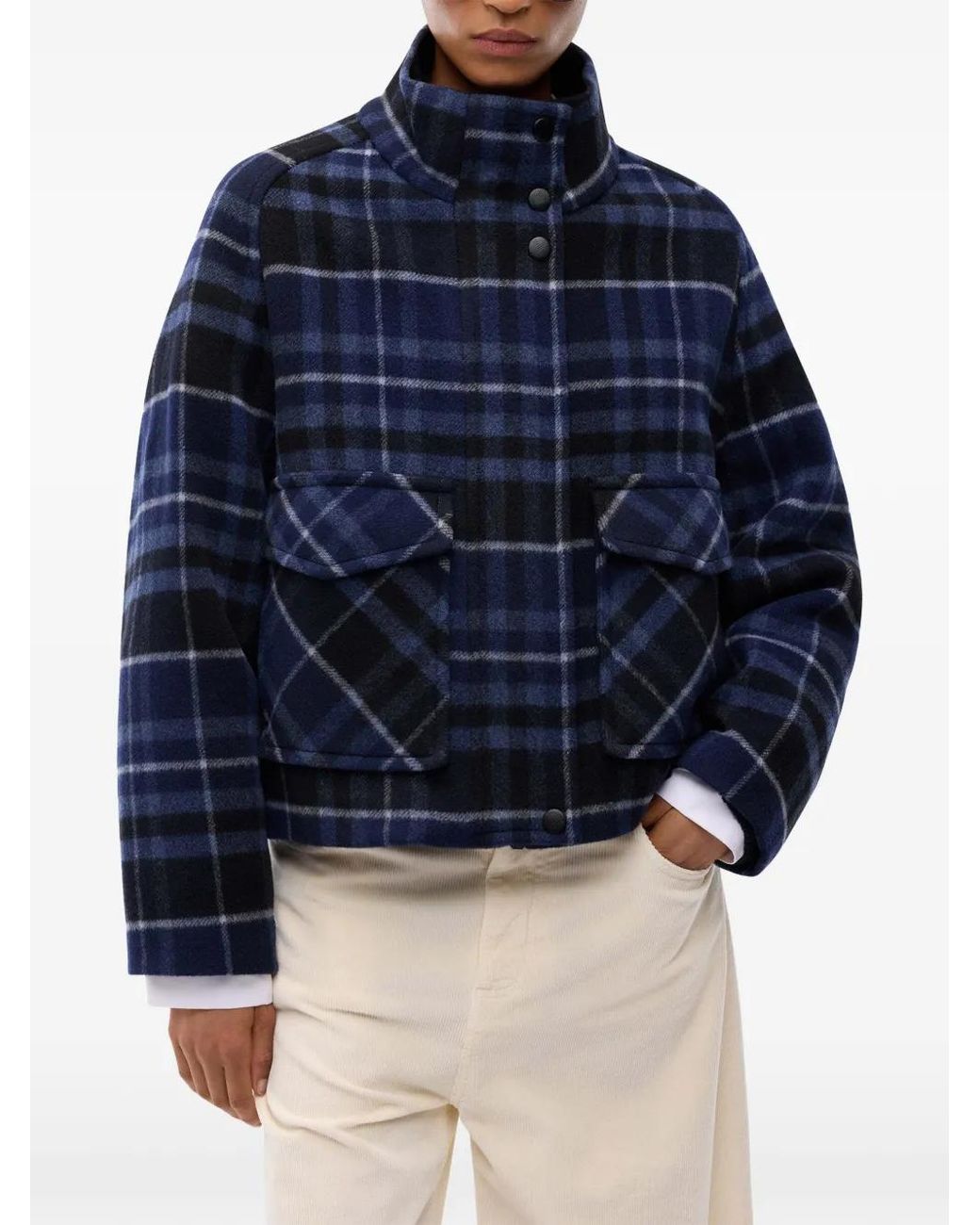 Pinko Blue Double-Layered Cloth Pea Coat With Check Pattern