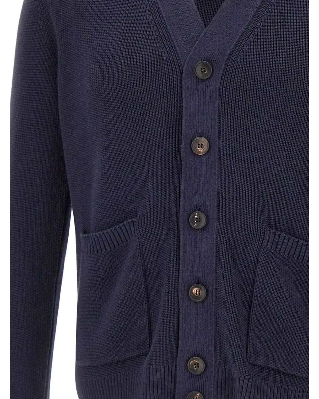 FILIPPO DE LAURENTIIS Blue V-Neck Ribbed-Trim Cardigan for men