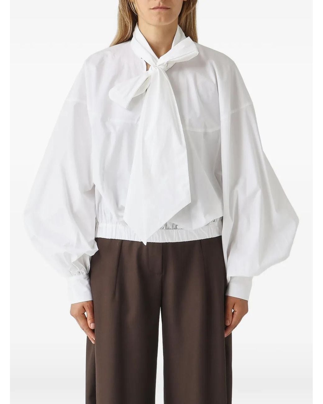 MEIMEIJ White Pussy-Bow Balloon-Sleeve Blouse