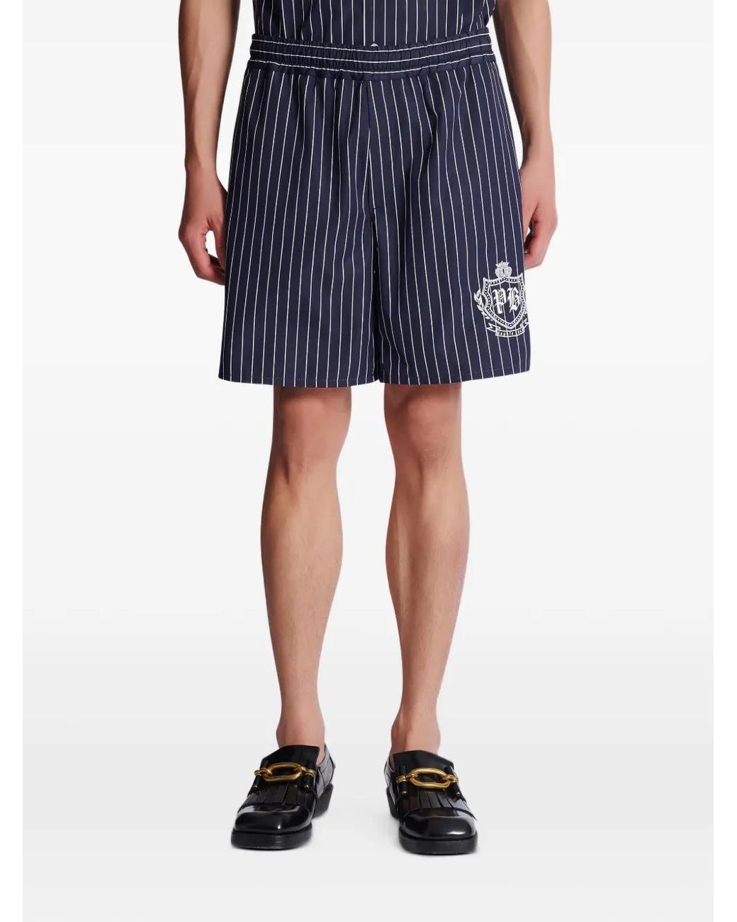 Balmain Blue Pinstripe Embroidered Shorts for men
