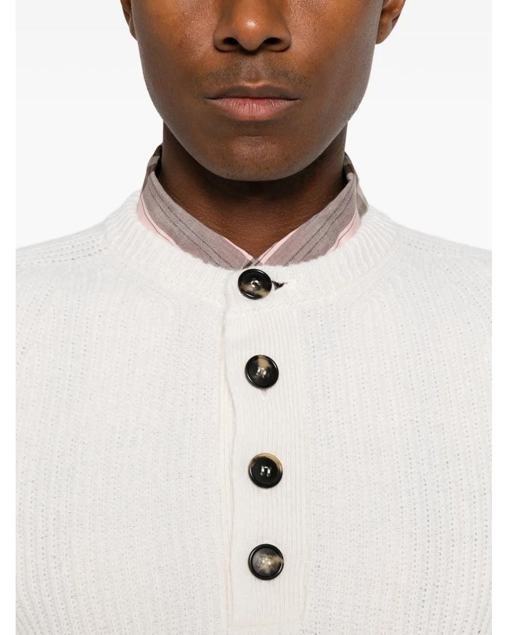Amaranto White Ribbed-Knit Button-Up Sweater for men