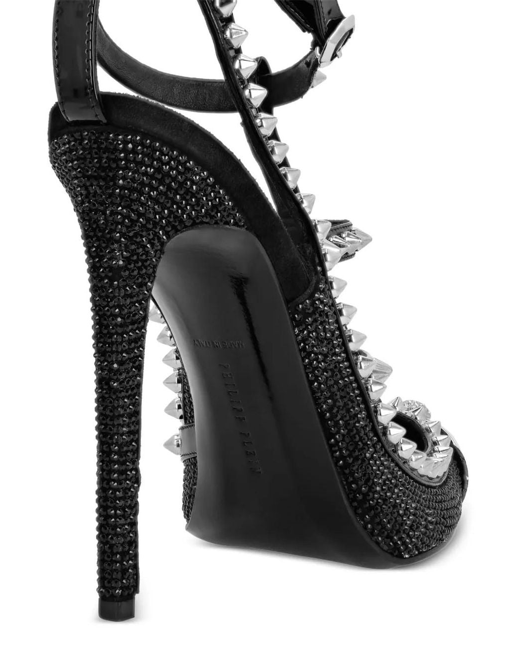 Philipp Plein Black Leather Strass Sandals High Heels Studs